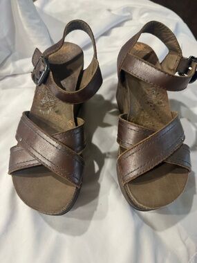 OTBT Brown Leather Cross-Strap Wedge Sandals